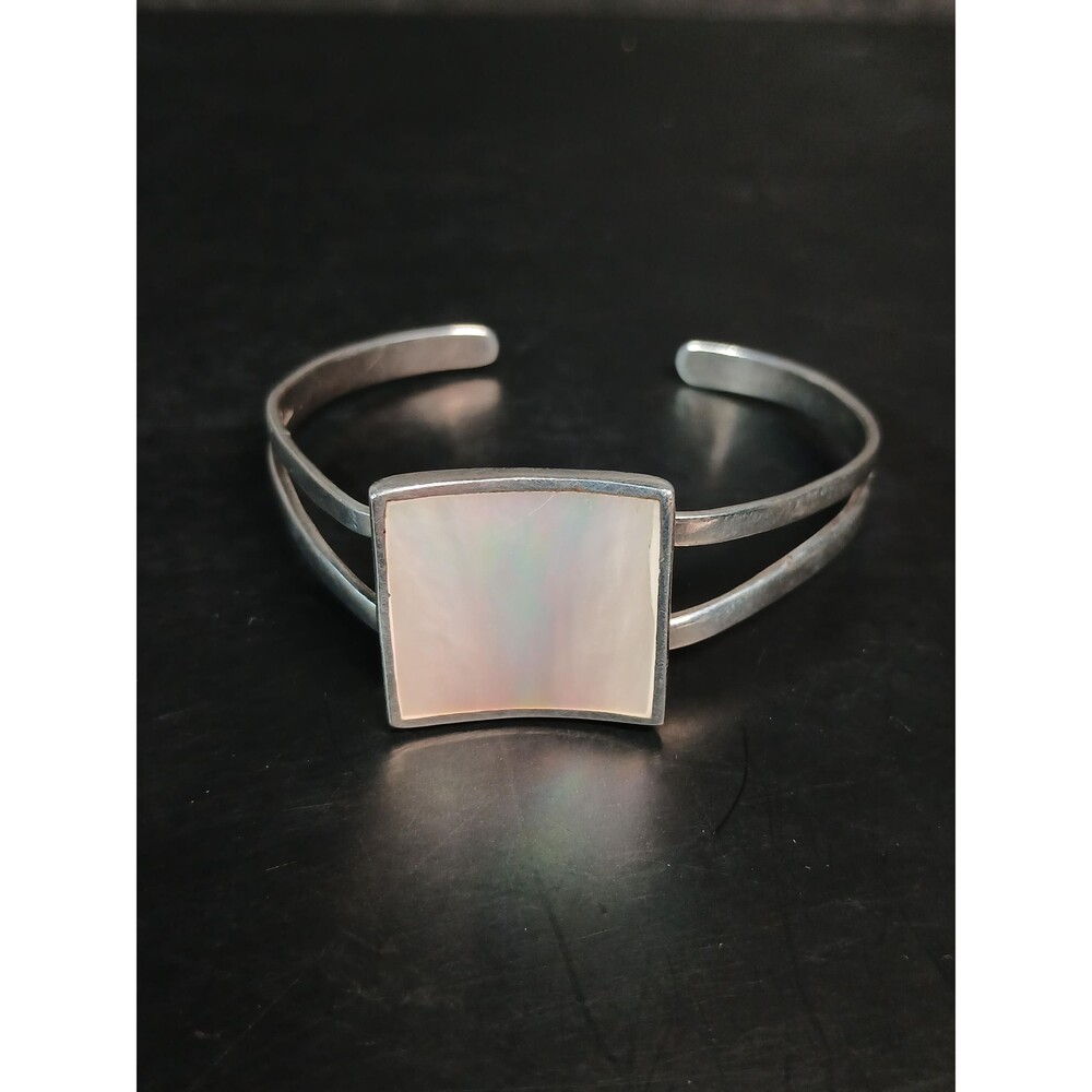 Sterling Silver Mother of Pearl Cuff Bracelet Vintage Modernist 25g